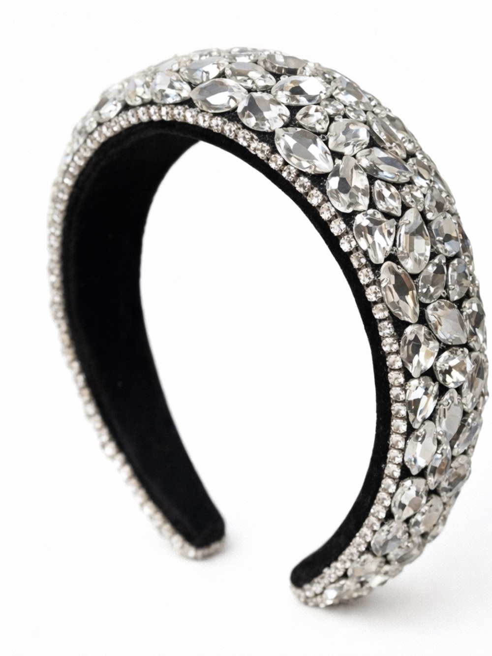 Crystal Rhinestone Padded Headband Silver Statement Wide Glam Hairpiece - Picture 2 of 9